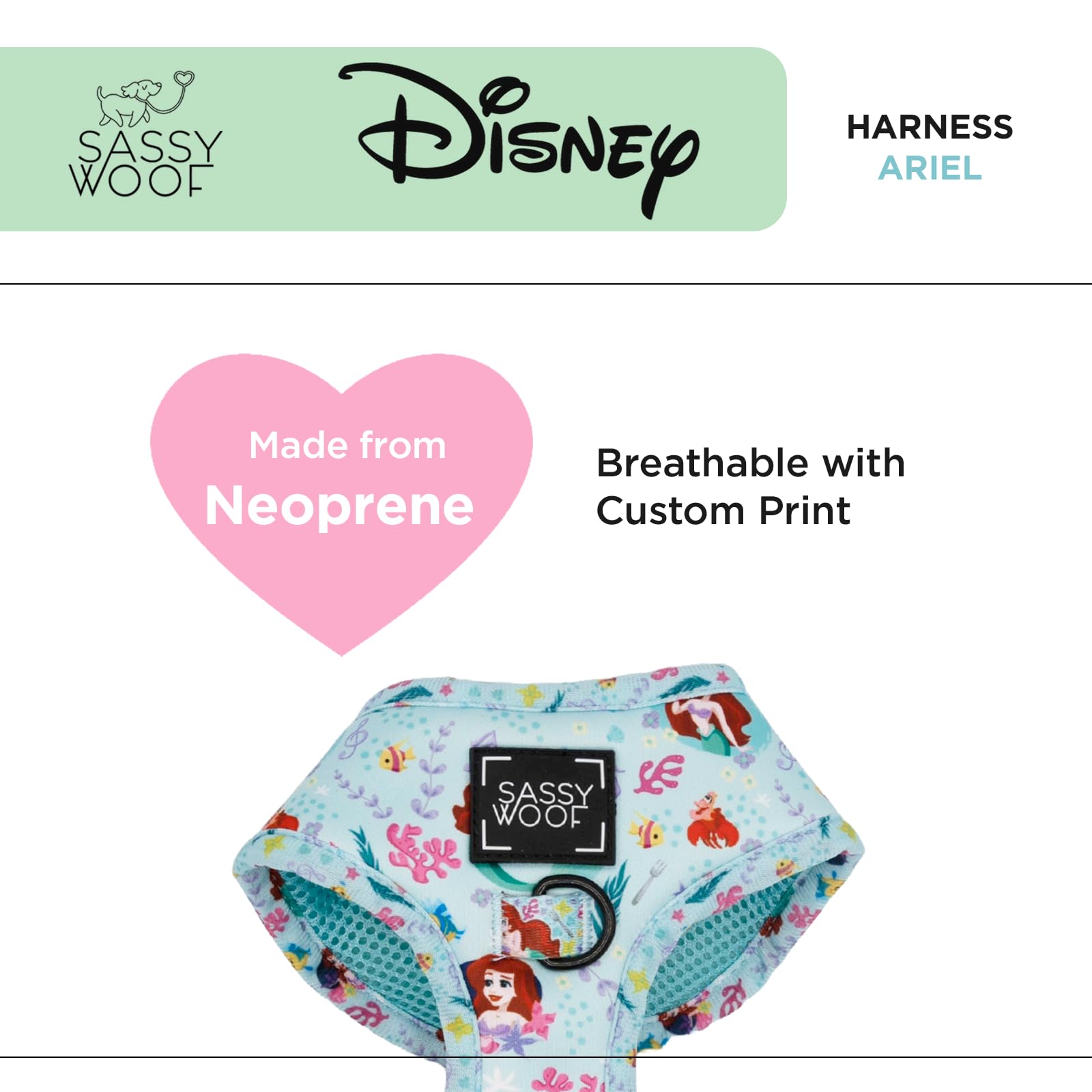Sassy Woof Dog Adjustable Harness - Disney Princess Little Mermaid Ariel - L, Breathable Mesh, No Pull Design With Two D-Rings,