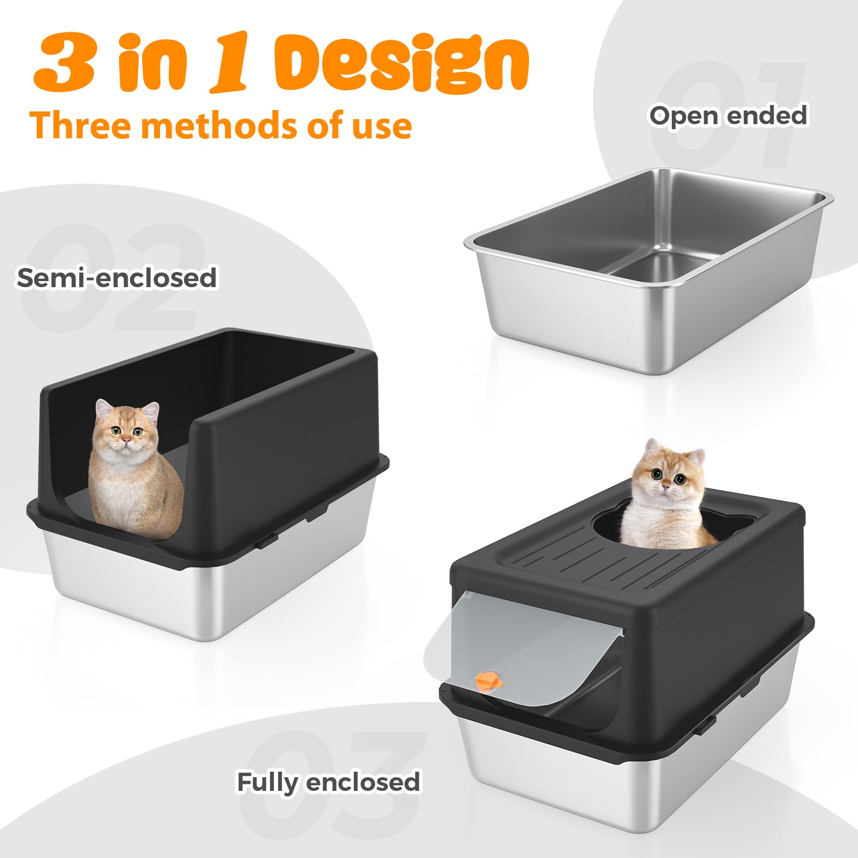 Lihoooom Litter Box With Lid, Stainless Steel Litter Box Xl, 14'' H Metal Cat Box With High Sides Wall Enclosure, Cat Pan, Non-S