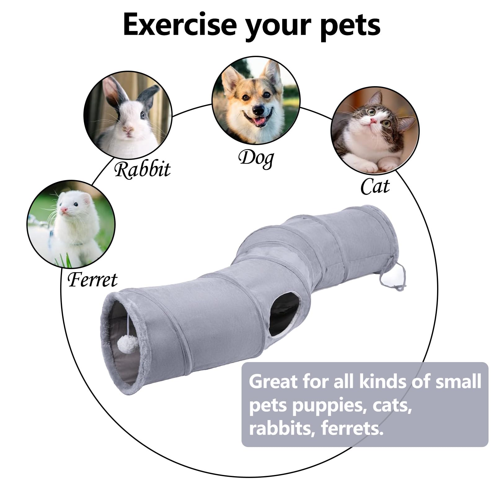 TiLanmiy S-Shape Collapsible Cat Play Tube with Plush Ball, Indoor Tunnel for Puppy, Kitty, Rabbit, Model CT013, Suede Material