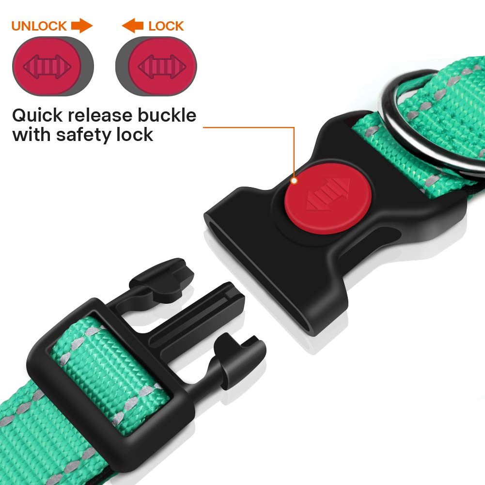 Taglory Reflective Dog Collar With Safety Locking Buckle, Adjustable Nylon Pet Collars For Large Dogs Female Male, Turquoise, L