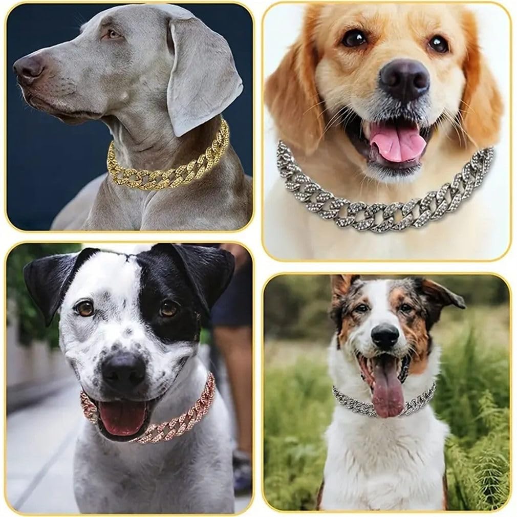 Gold Chain Dog Collar, Glitter Rhinestone Sparkly Diamond Jewelry Metal Necklace Cuban Link Bling Puppy Collars For Small Medium