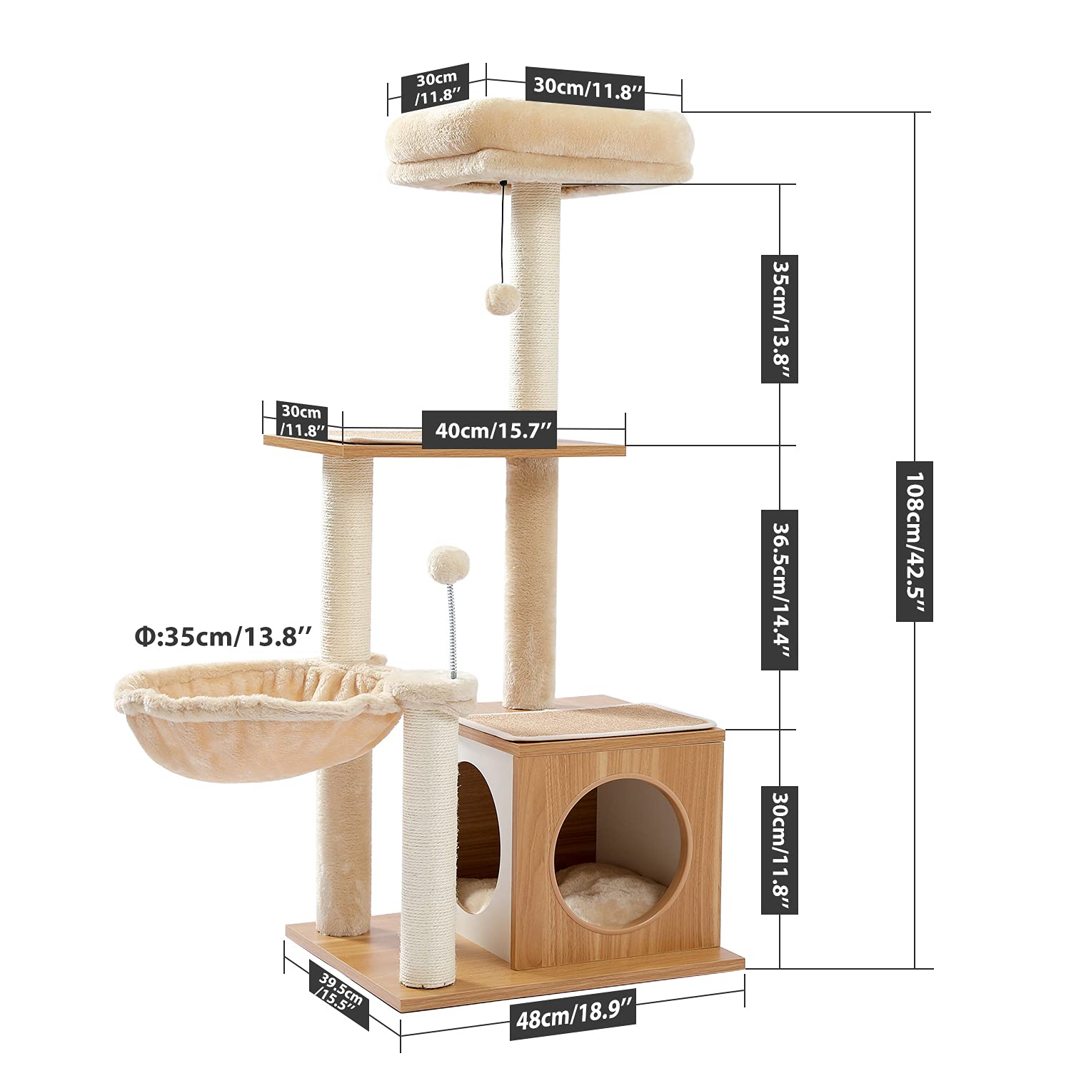 PEQULTI Cat Tree - Modern Indoor Multi-Level Tower with Condo, Hammock, Scratching Post - 43" Wooden Beige - Model AM52-AMT0106BG