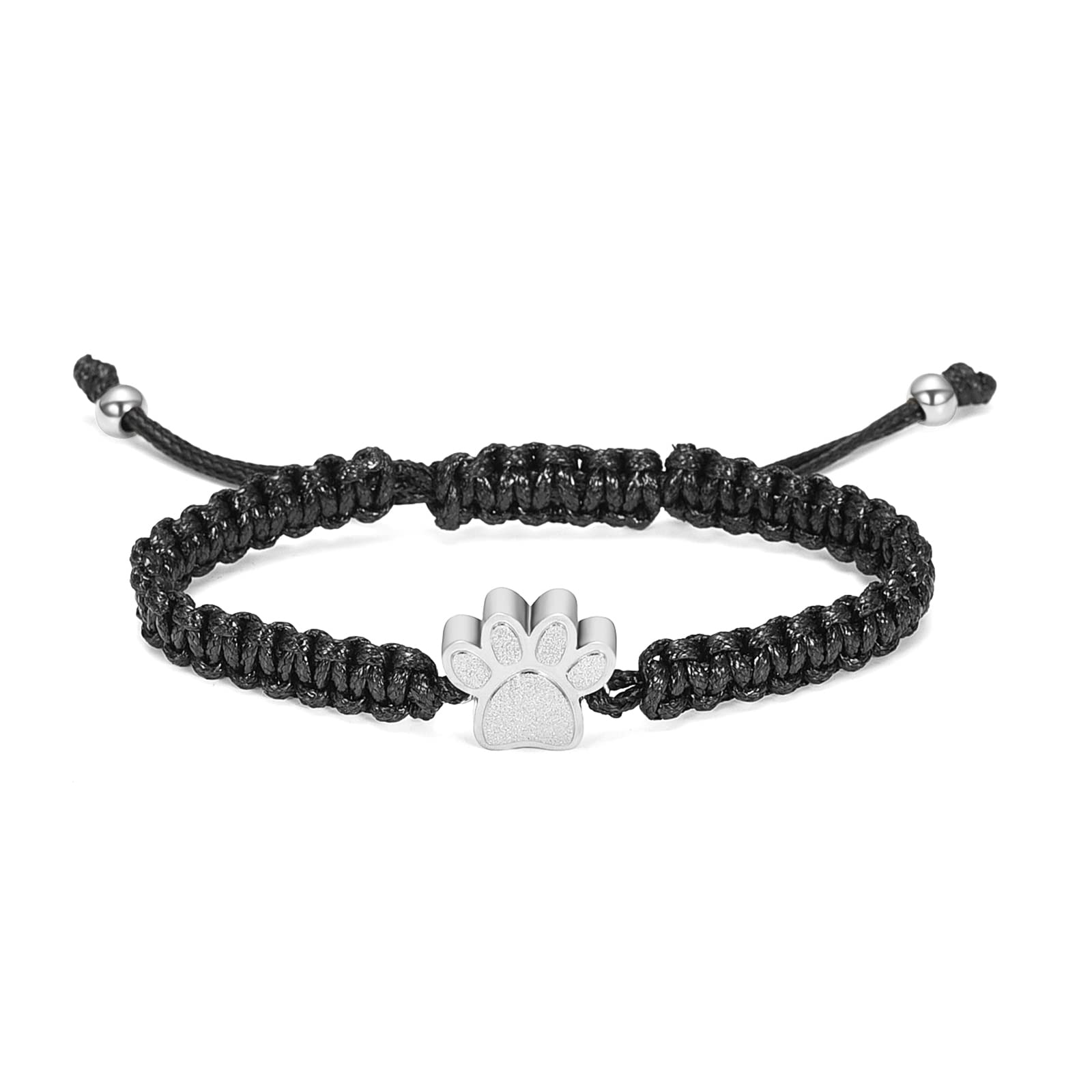 constantlife Cremation Bracelet for Pets Ashes - Dog Paw Pendant Bangle Stainless Steel Memorial Urn Jewelry (Black Rope-Silver)
