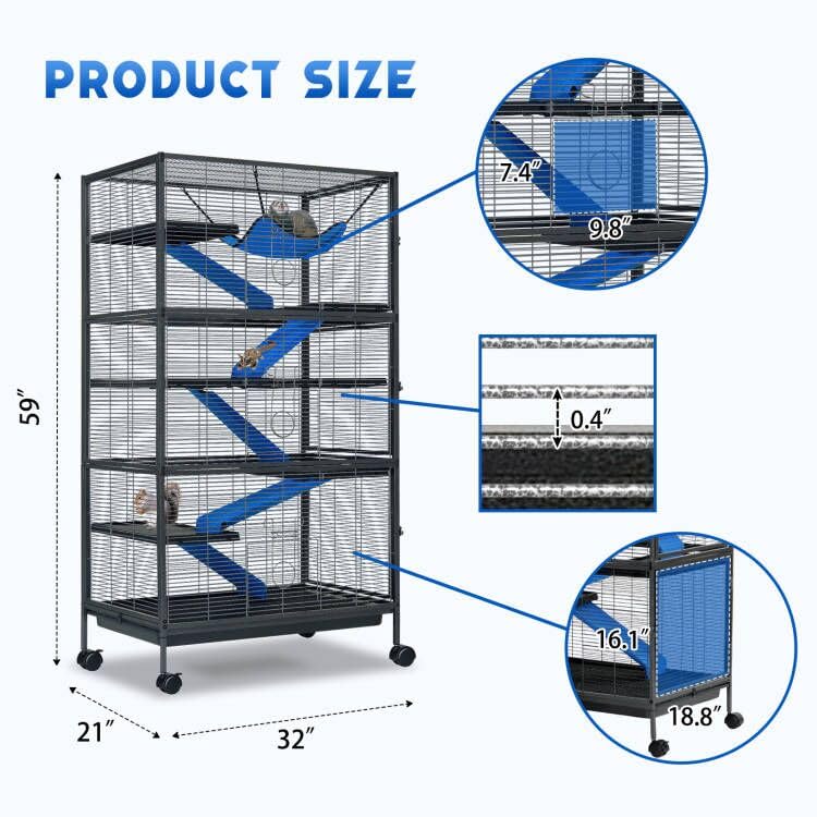 VIWAT Metal 6-Tier Small Animal Cage for Ferrets, Chinchillas & Guinea Pigs - Black, Model PP1110, Easy Clean with Removable Tray and 6 Doors