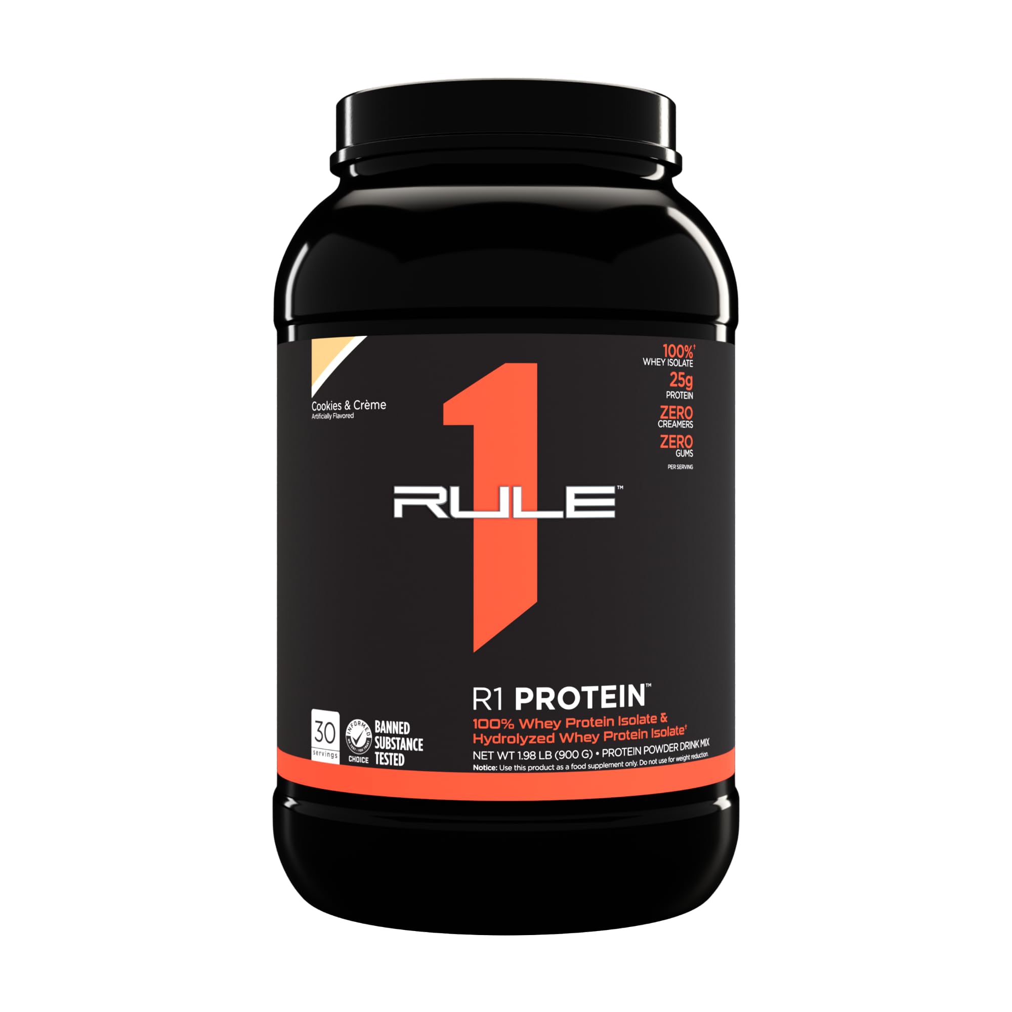 Rule One Proteins, R1 Protein- cookies  crAme, 25g Fast-Acting, Super-Pure 100 Isolate and Hydrolysate Protein Powder with 6g Bc