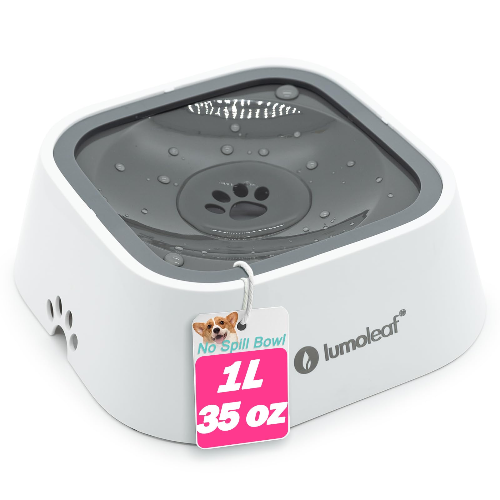 Lumoleaf No Spill Water Bowl For Dogs, Slow Feeder For Messy Drinkers, Drip-Free, Splash-Proof Design (Grey, 35Oz)