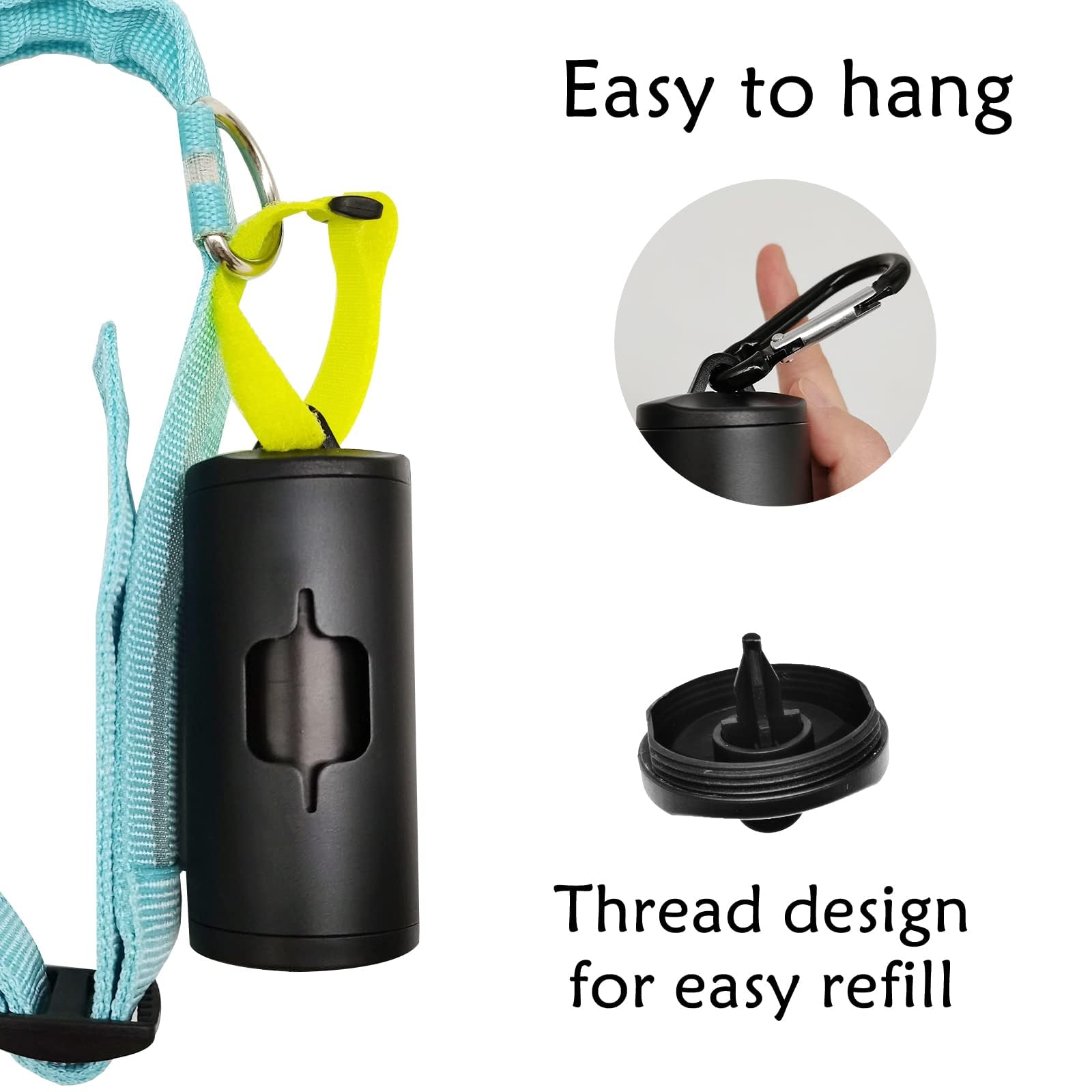Yuchiya Aluminum Dog Poop Bags Holder With Carabiner Metal Pet Waste Bags Dispenser With Hook And Loop Fastener And Elastic Cord To Carry Used Bags(Black, 1 Holder 195 Bags)