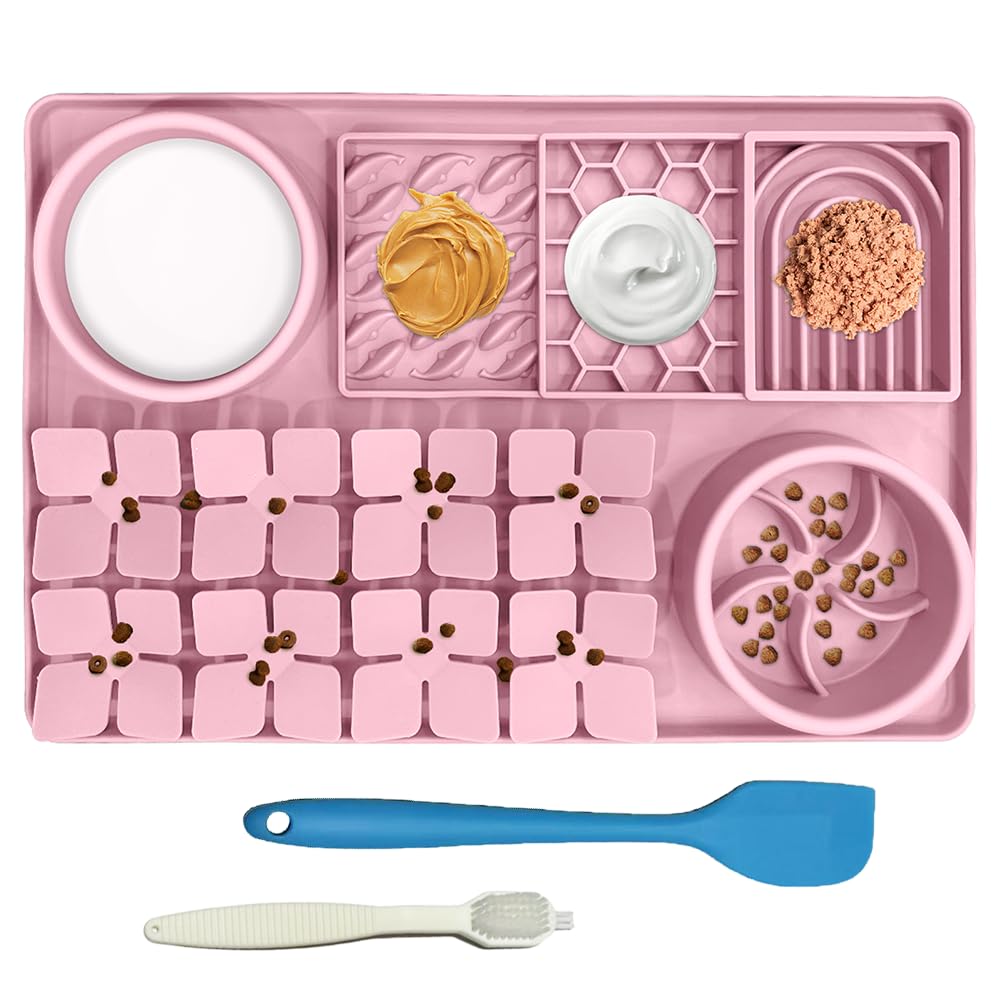 Lick Mat for Dogs Cats Includes Brush and Scraper, Snuffle Mat Silicone Anti-chocking Pet Dish, Non-Slip Dog Licking Bowl Intera