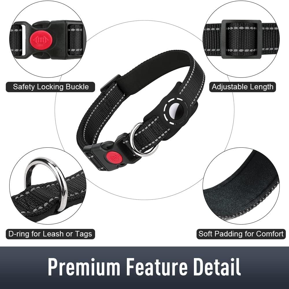 Erbine Airtag Dog Collar For Large Dogs, Reflective Dog Collars With Airtag Holder, Soft Padded & Safety Locking Buckle, Nylon Pet Collar Adjustable For All Breeds, Black