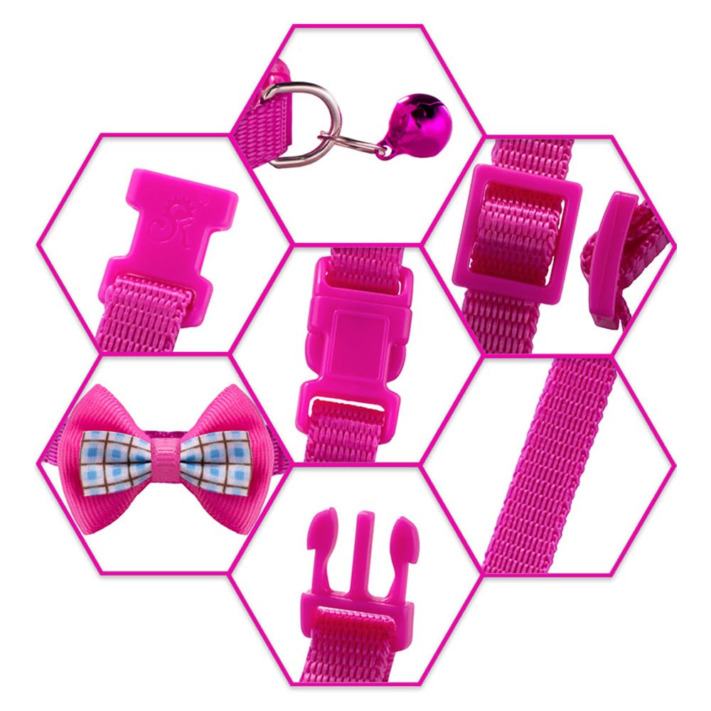 Hot Pink Kitten Collar With Bell And Bow Tie, Girl Puppy Collars Cute Adjustable Buckle For Xxs Xsmall Extra Small Cats Dogs Pup