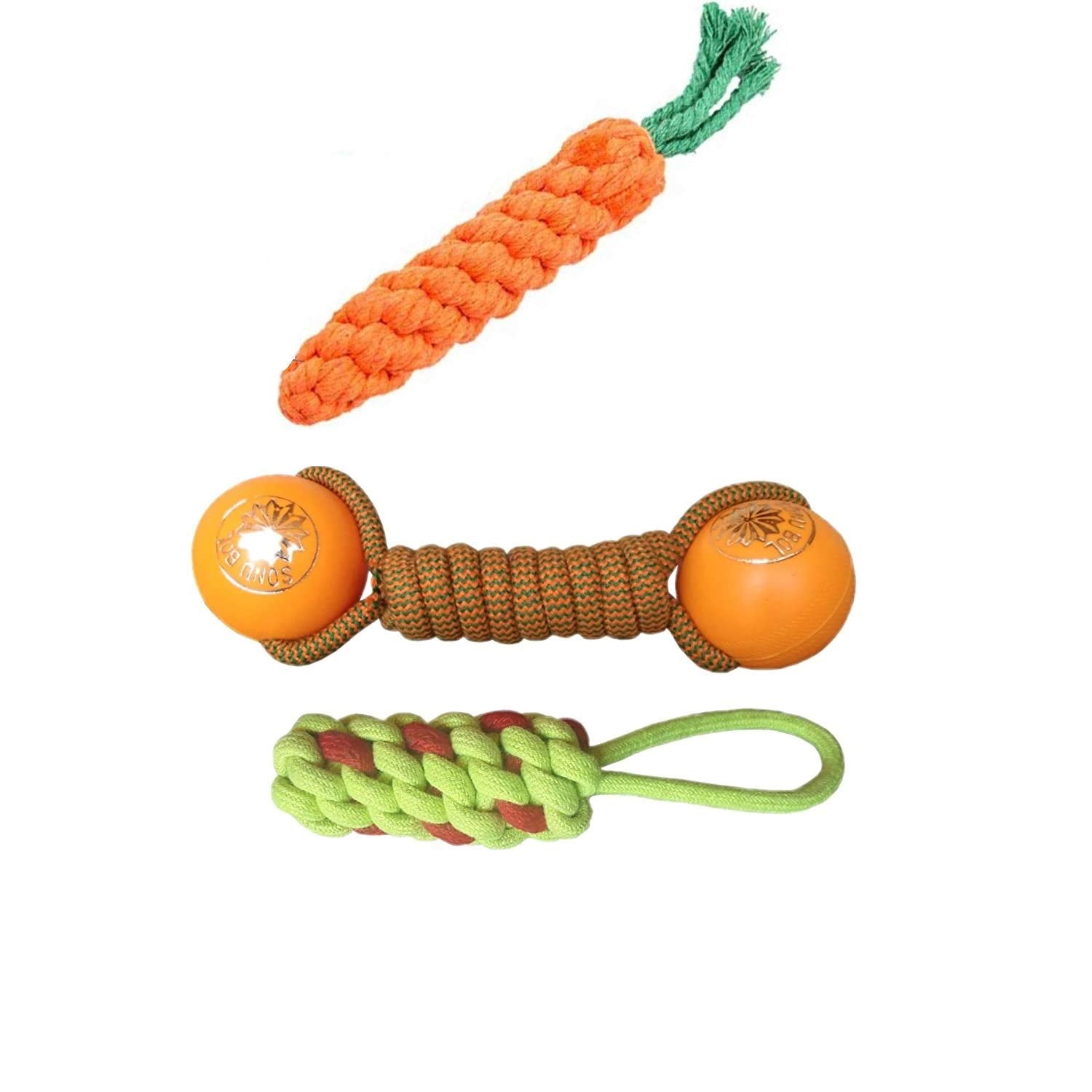 Dot Trust Dog Combo Of 3 Durable Cotton Made Rope Toys For Dogs & Puppies |2 Carrot Rope Toy | 1 Rope Plastic Ball (Combo Of 3)