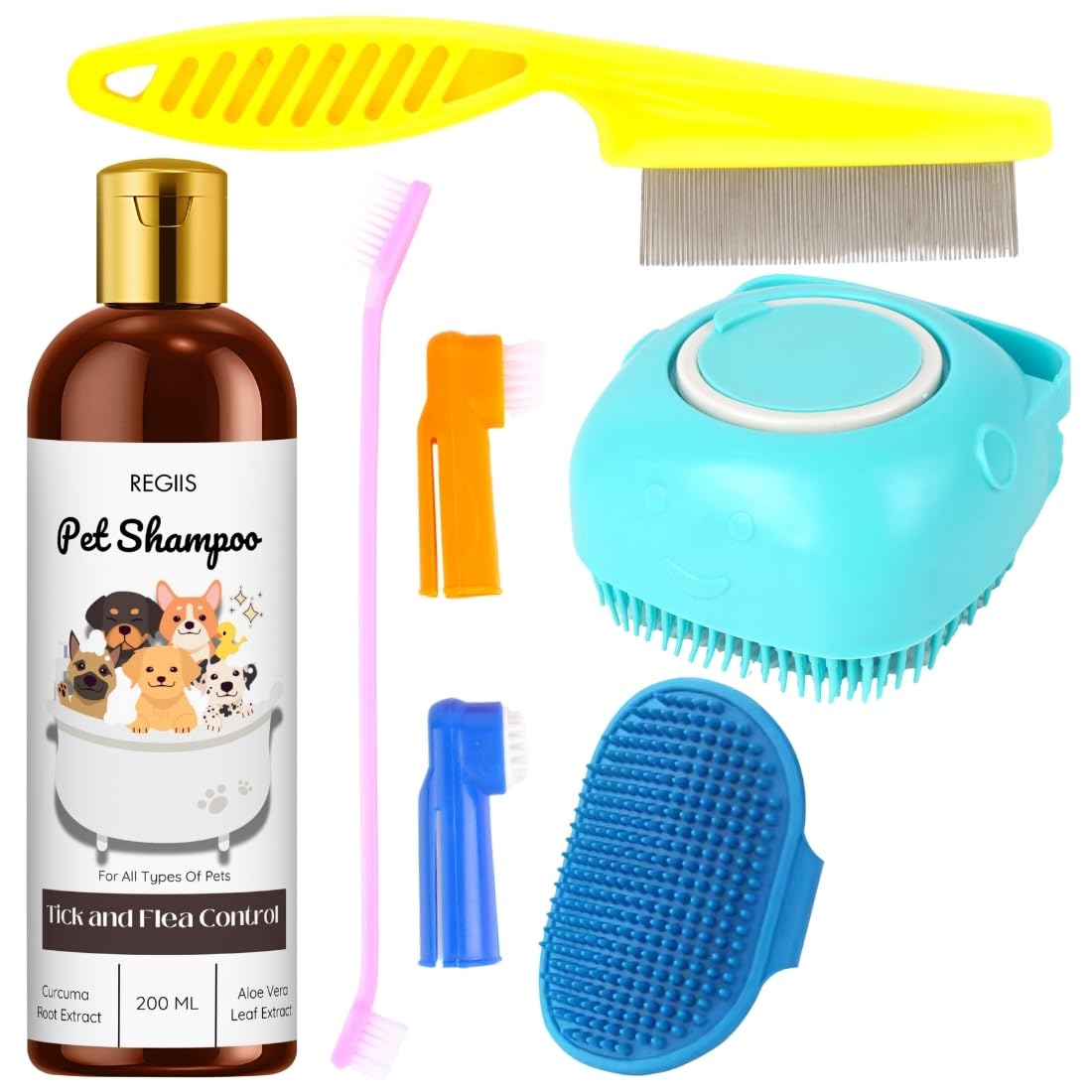 Regis Pet Grooming Kit With Tick And Flea Control Shampoo, 200Ml, MultiColor Dog Brushes, Combs, Cleaning Tools For All Pet Typ