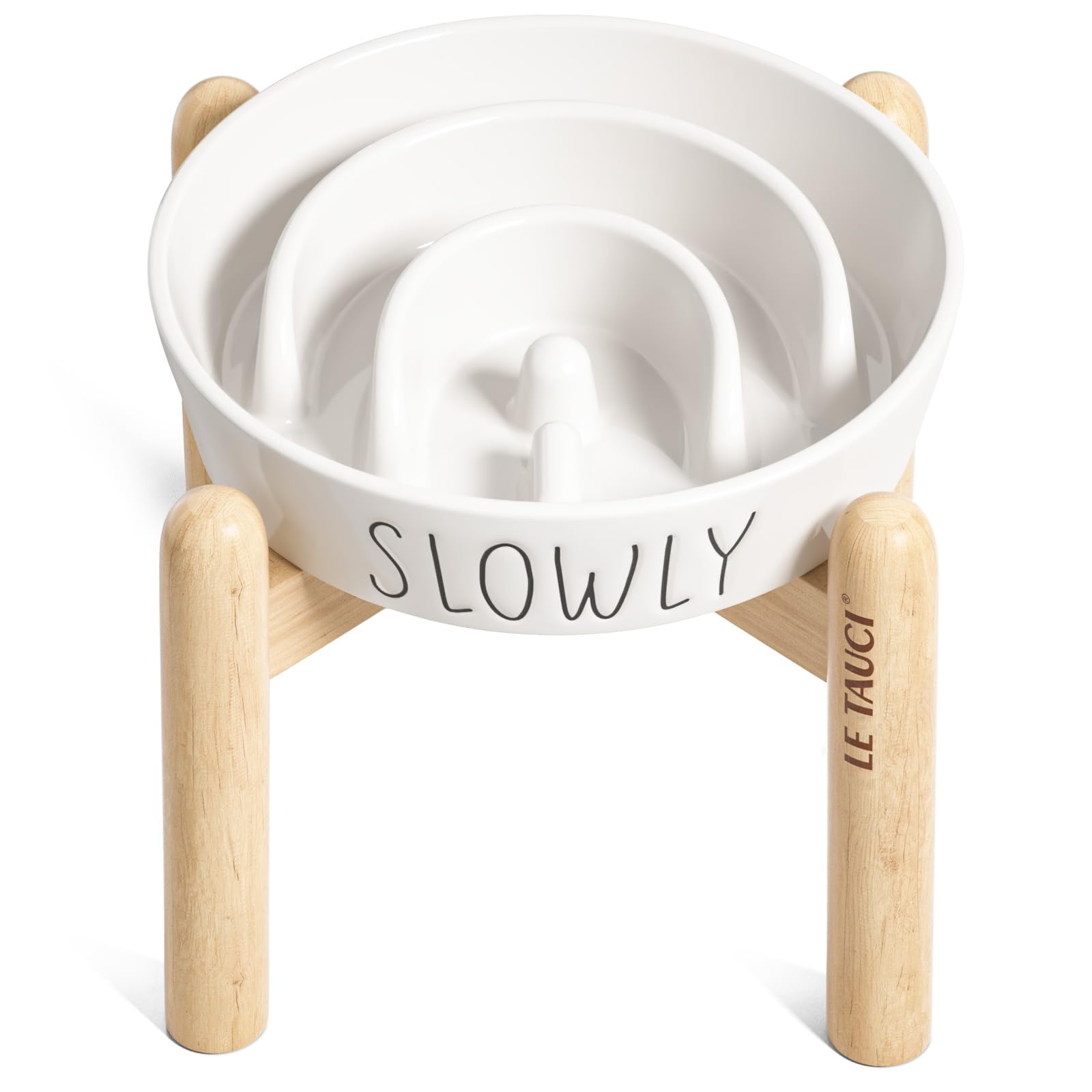 Ceramic Slow Feeder Dog Bowls Elevated For Small And Medium Breed, With Wooden Stand, 1.5 Cups To Slow Down Eating, Anti-Gulping