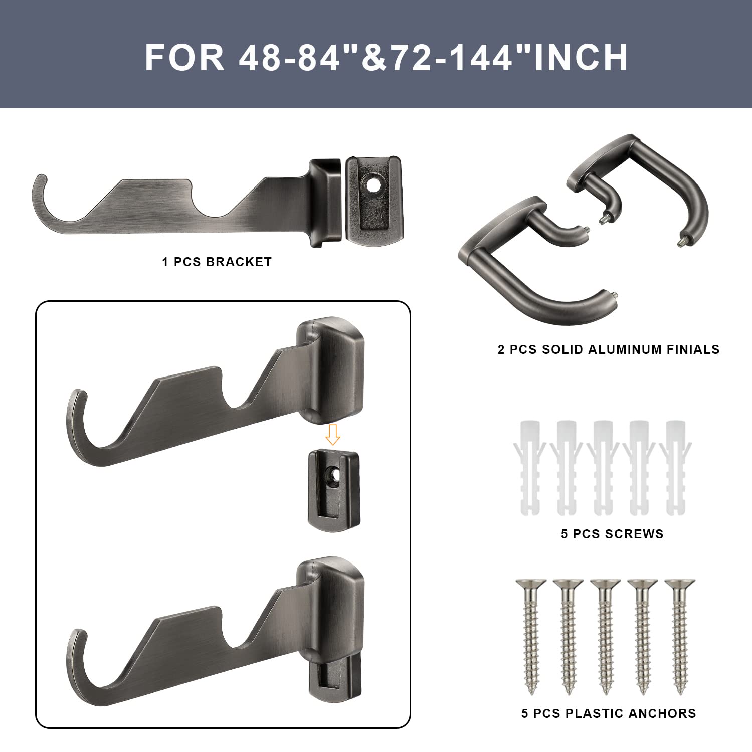 Double Curtain Rods Matte Brushed Grey,Room Darkening Curtain Rod 72-144 Inches,Adjustable 34 Inches Front And 58 Inches Back Qu
