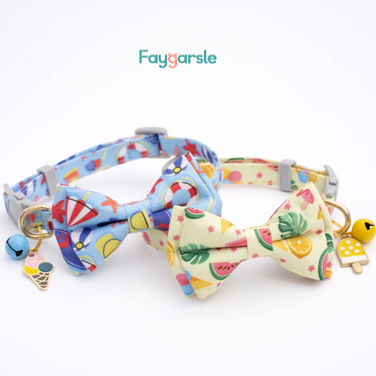 Faygarsle 2 Pack Cute Cat Collar With Bell Breakaway Bowtie Cat Collar For Male Female Cats Soft Fancy Blue Yellow Cat Collar With Ice Cream Sea Pattern Summer Cat Collar For Boy Girl Cats