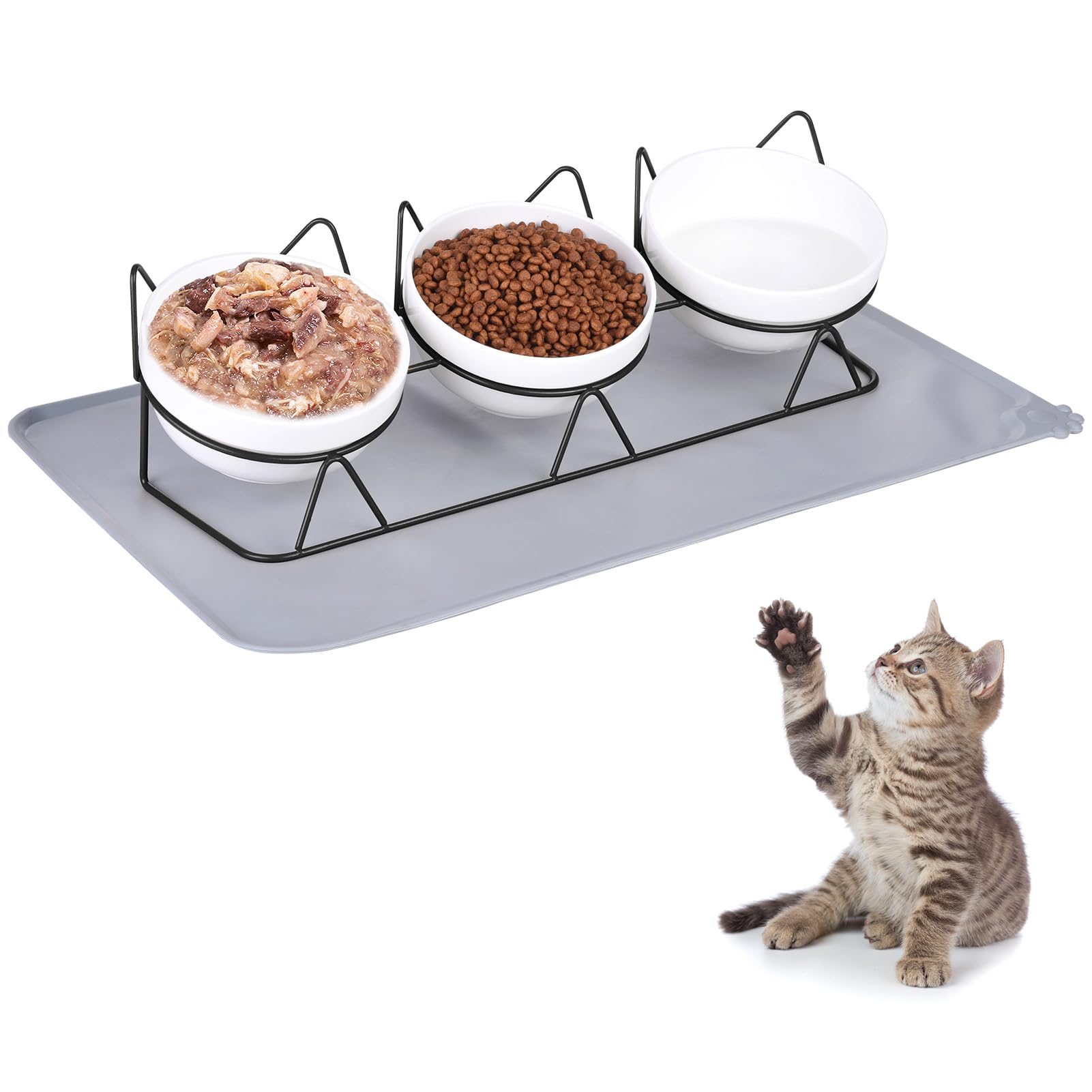 Trosetry 3 Pack Cat Bowls, Ceramic Raised Cat Food Bowl with Pet Food Mat Elevated 15Tilted Kitten Drink Bowl Gold Stand for Foo