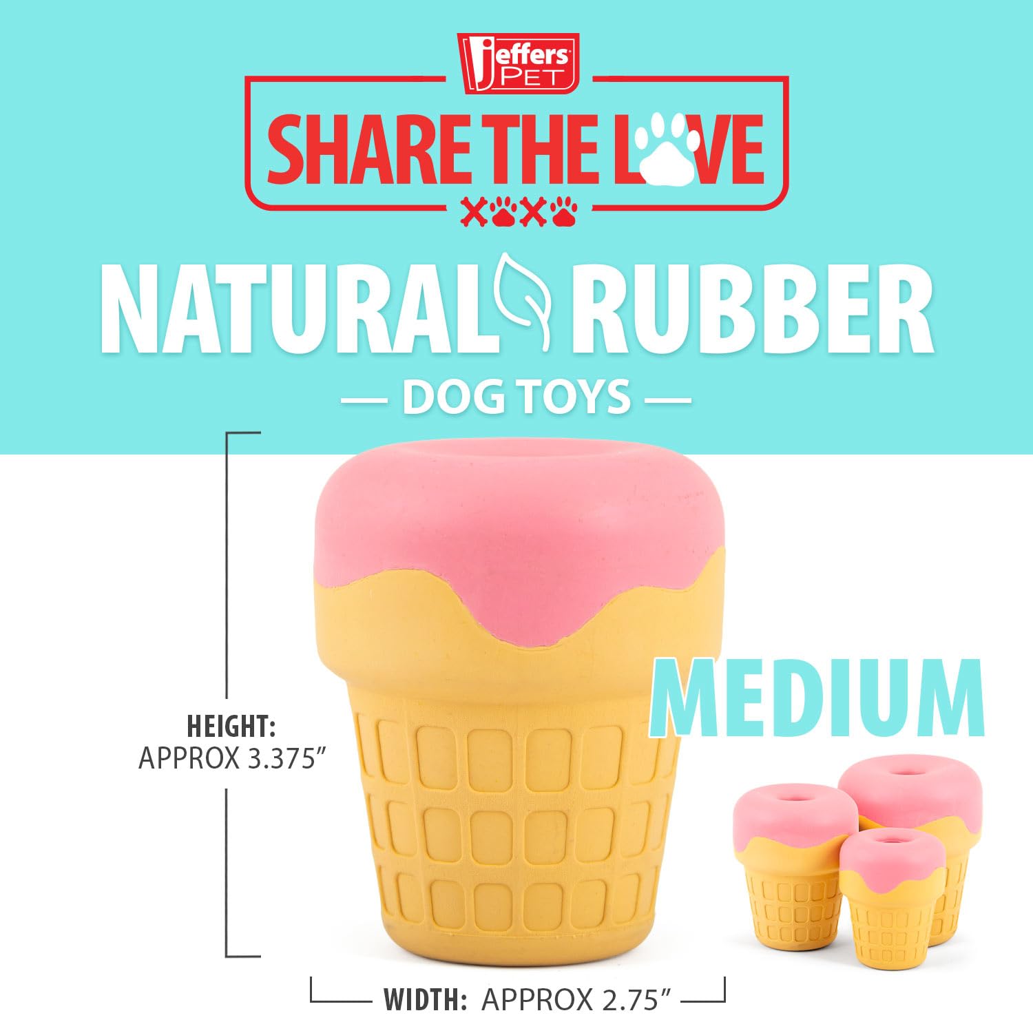 Jeffers Pet Natural Rubber Dog Chew Toy - Ice Cream Cone, Medium - Treat Dispensing, Vanilla Scent, Durable, Non-Toxic, Dishwash