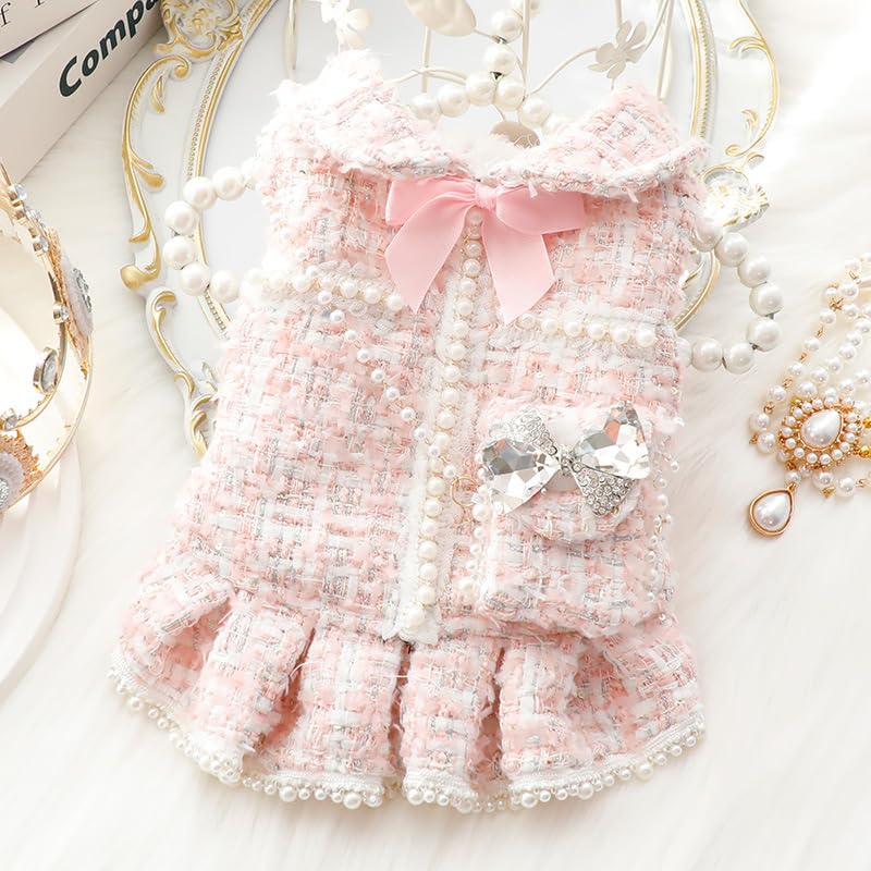 Dog Princess Dresses For Small Dogs Lolita Clothes Tweed Costume White Pet Girl Cute Coat Outfits Fall Costumes (S,Pink)