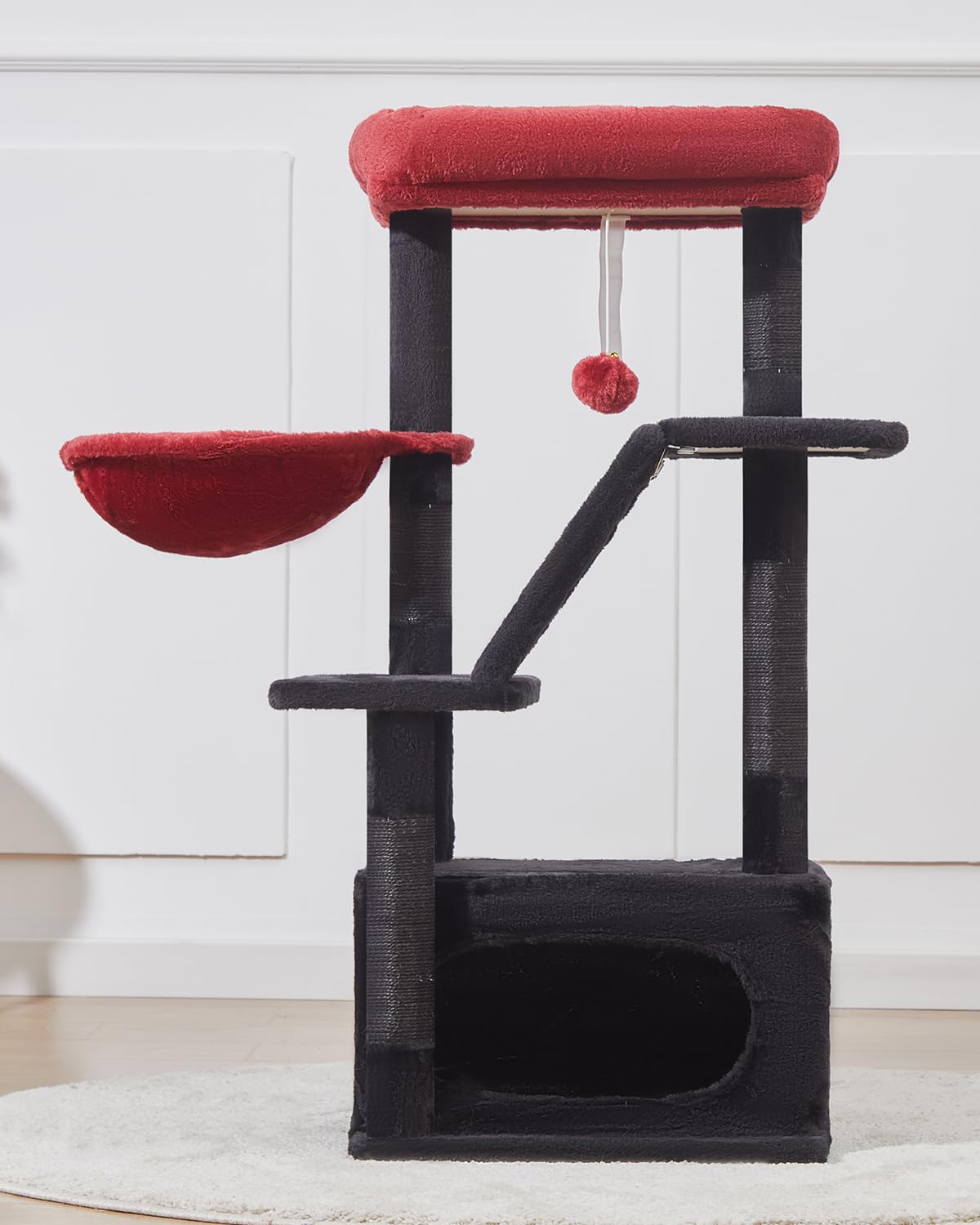 Taoqimiao Cat Tree Tower, 38.5-Inch Indoor Condo, Plush Black and Red, Model MS029SBR, Adjustable Baskets for Kittens