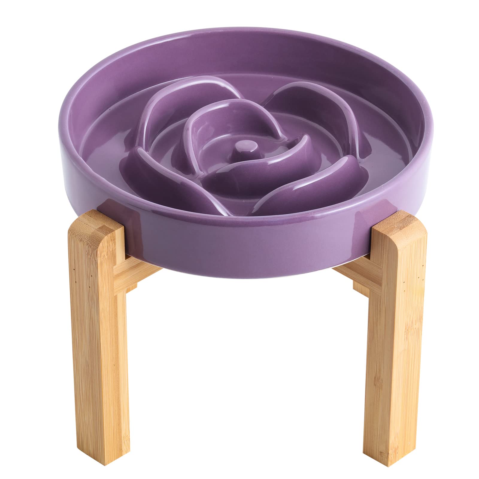 Addogyy Ceramic Elevated Dog Bowl with Wood Stand, Purple, 8.66 in Slow Feeder for Small to Large Dogs