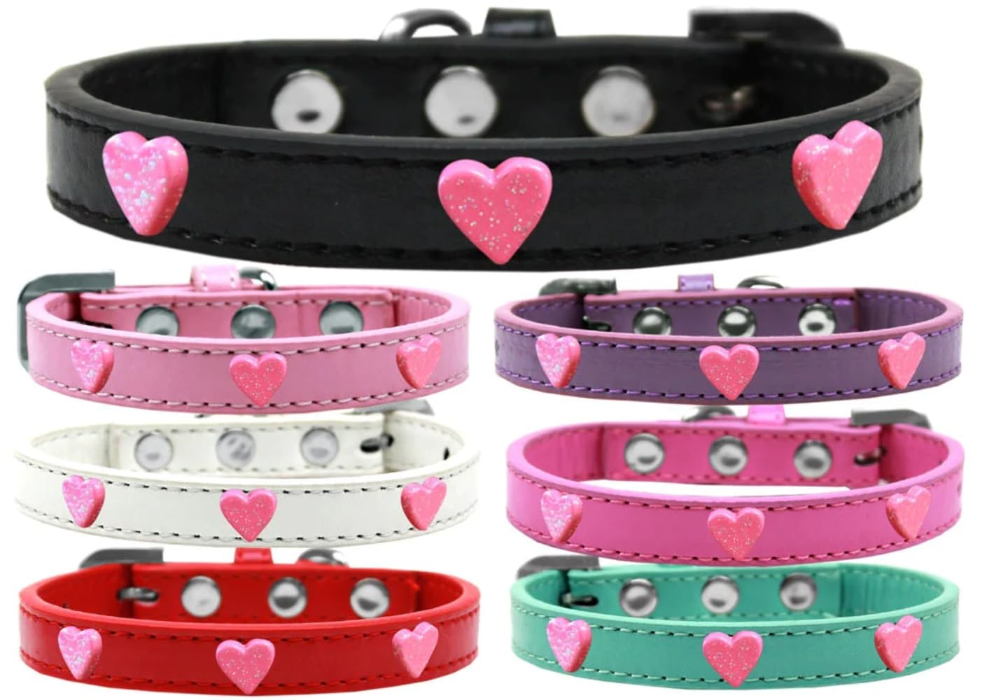 Dog, Puppy & Pet Widget Fashion Collar, Pink Glitter Heart Red 16