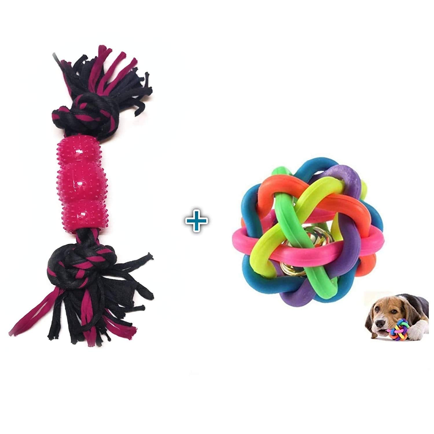 Picckola International Puppies Chew Toy  2 Knot Teething Drum Rope Toy | Rainbow Color Ball (M)  (Color May Vary, Pack Of Two)