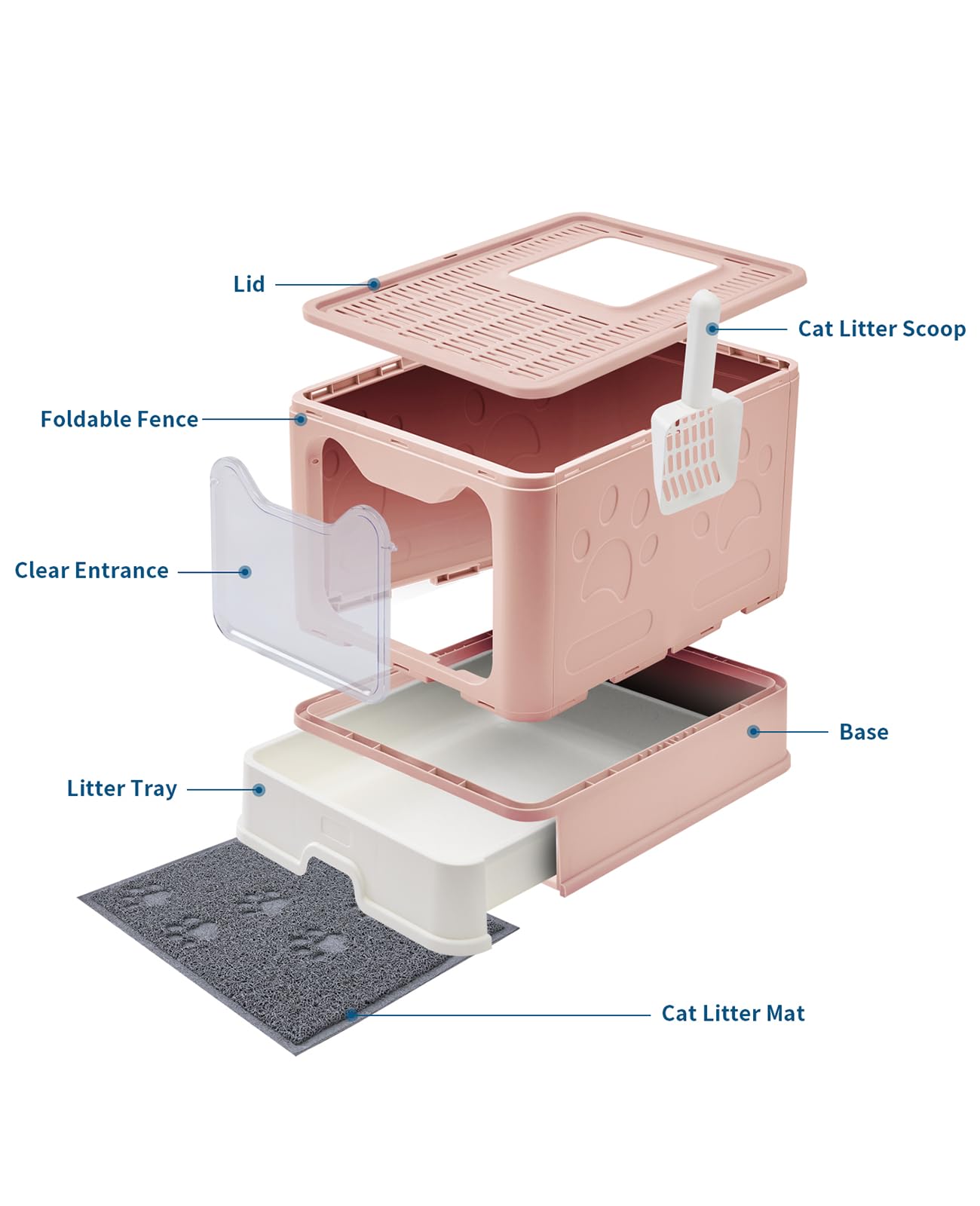 Medario Cat Litter Box with Litter Mat and Scoop, Large Foldable Litter Box with Lid, Front Entry Top Exit Kitty Box, Odor Contr