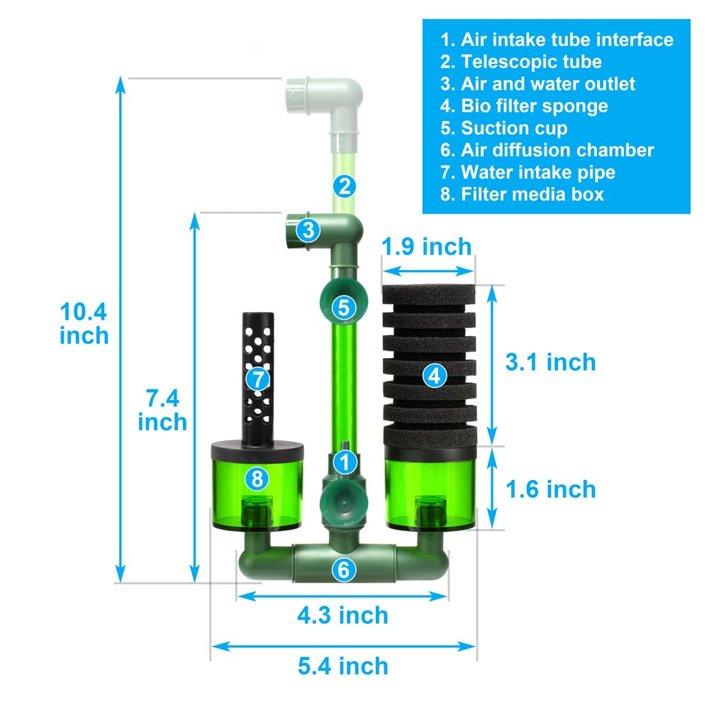 DaToo DT-100A Aquarium Sponge Filter for 10-40 Gallon Tanks, Quiet Submersible Bio Filter with 2 Spare Sponges & Bio Ceramic Media Balls