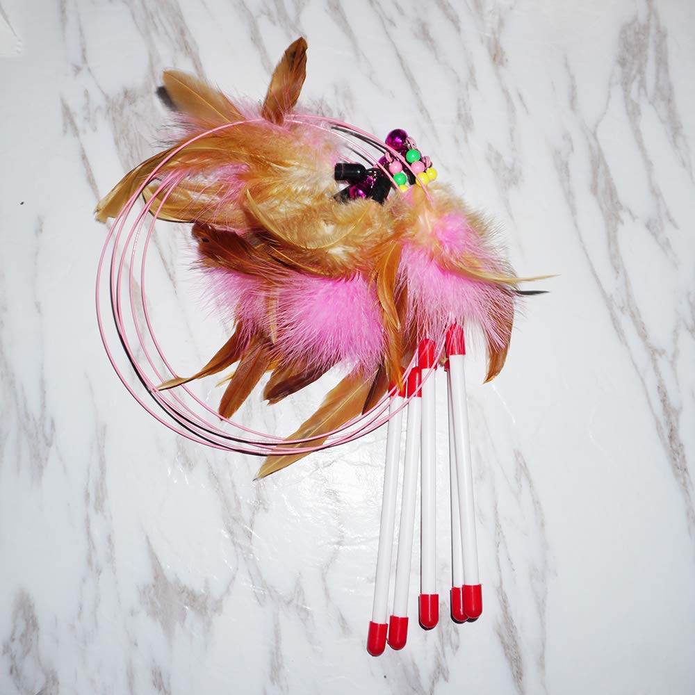 Cat Feather Toy, Cat Toys Wand, Bundle Of 5 Pack Interactive Pet Cat Kitten Chaser Teaser Wire Wand With Bell Beads For Cat Exer