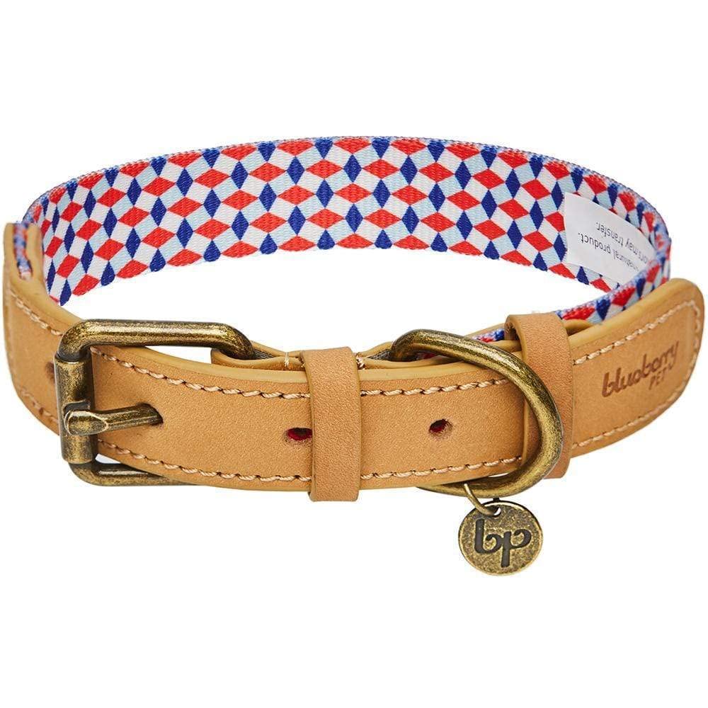 Blueberry Pet Multicolor Geometric Squares Genuine Full Grain Leather & Polyester Combo Adjustable Dog Collar, Small, Neck 12-