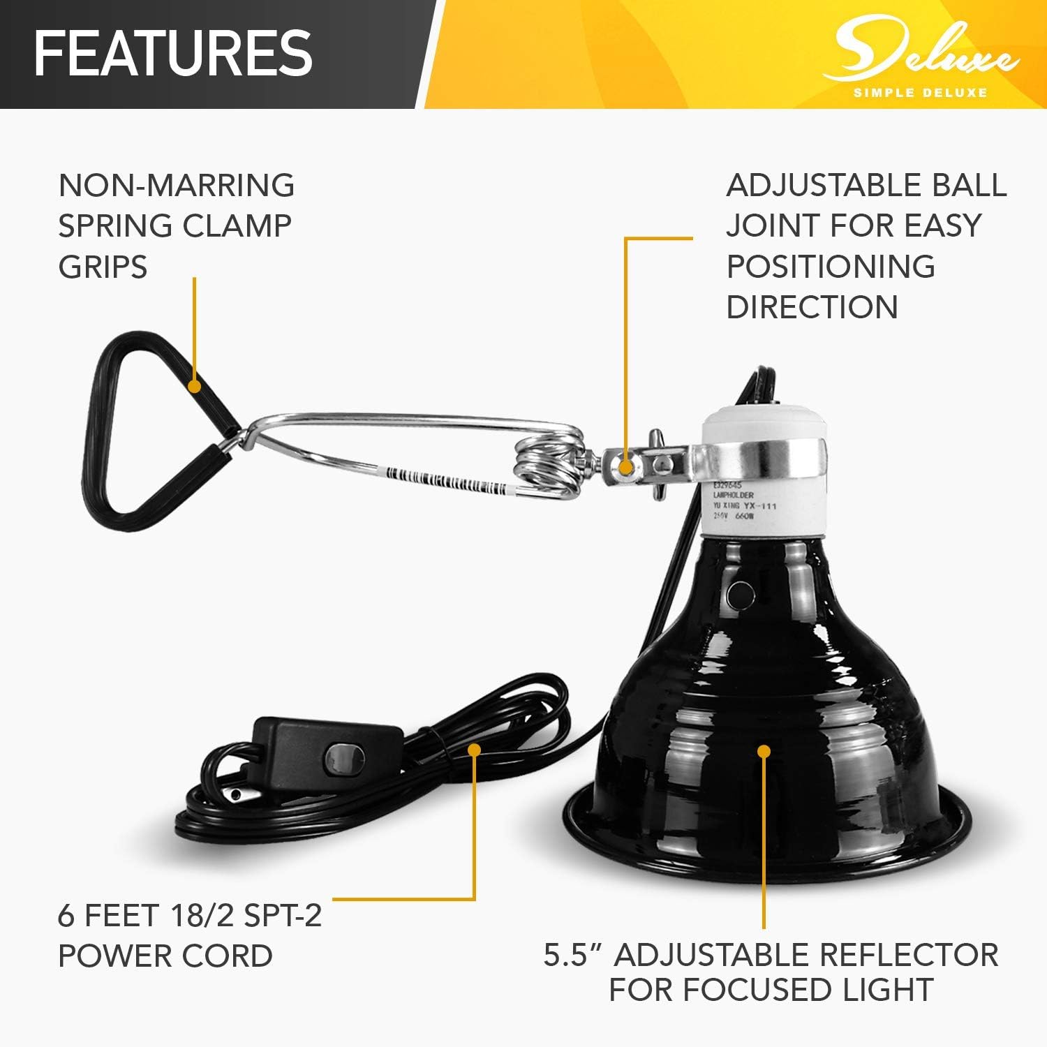 Simple Deluxe Adjustable Clamp Lamp With 5.5 Inch Aluminum Reflector, For Amphibian Pet, Reptile Terrariums, 60W Ceramic Lamp Ca
