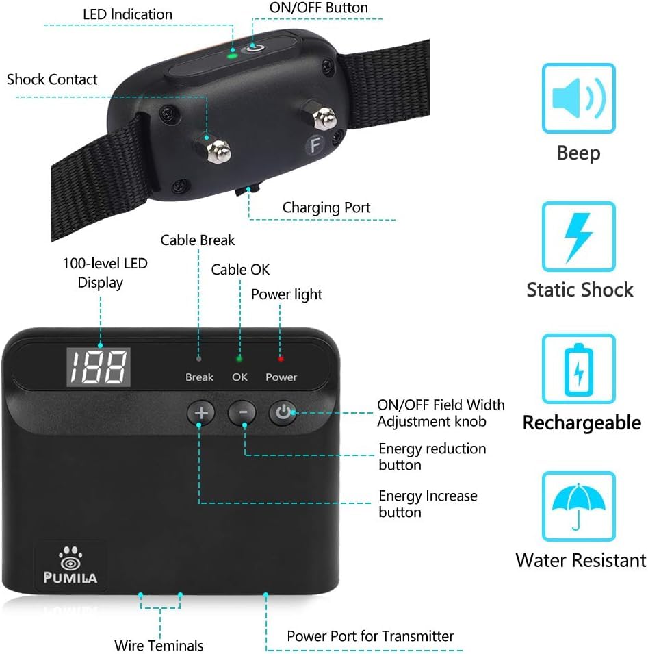 PcEoTllar Electric Dog Fence System, Rechargeable with 2 Waterproof Collars, 656Ft Boundary Wire, For 2 Dogs, Black, Model 860-2