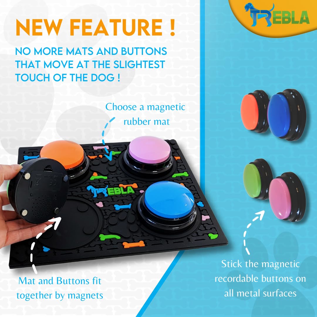 Trebla Magnetic Dog Talking Button Set–Dog Buttons For Communication | 4 Speaking Buttons, Rubber Mat, 15 Suggestion Stickers |Pet Talk Training Button |Voice Recording And Playback