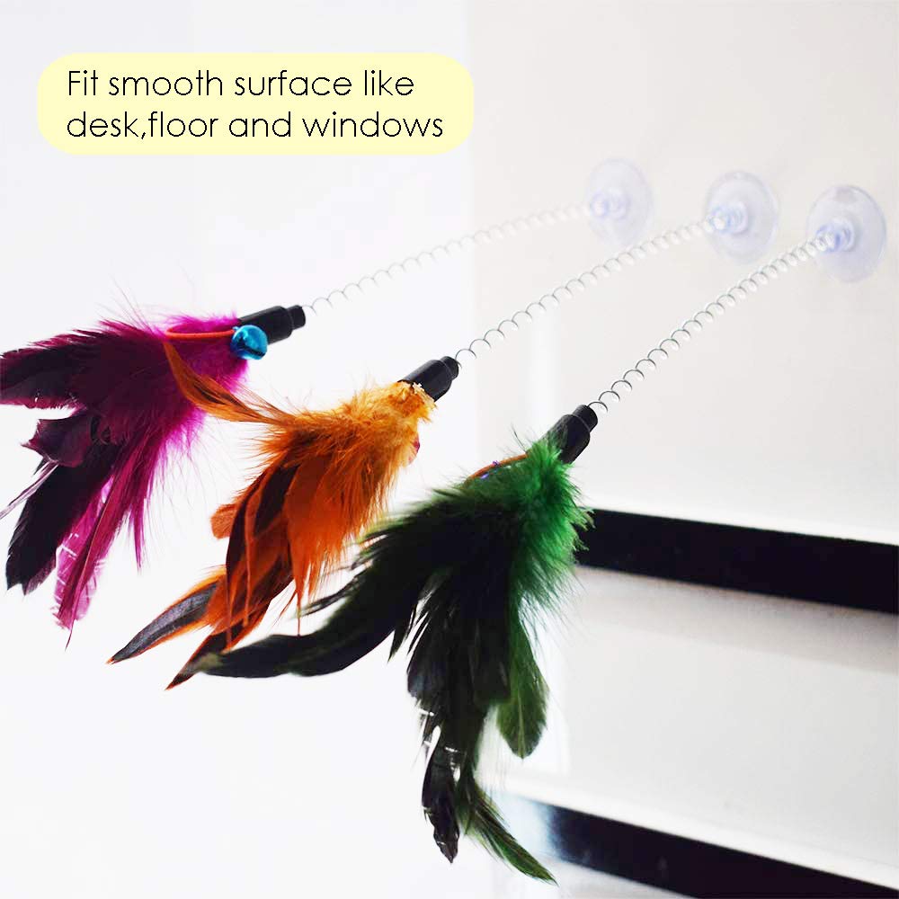 MAIYU Cat Teaser Wand (5 Pack), Metal Wire Spring Cat Toy with Feather and Bell Sucker Cat Teaser Rod Interactive Cat Tease Toys