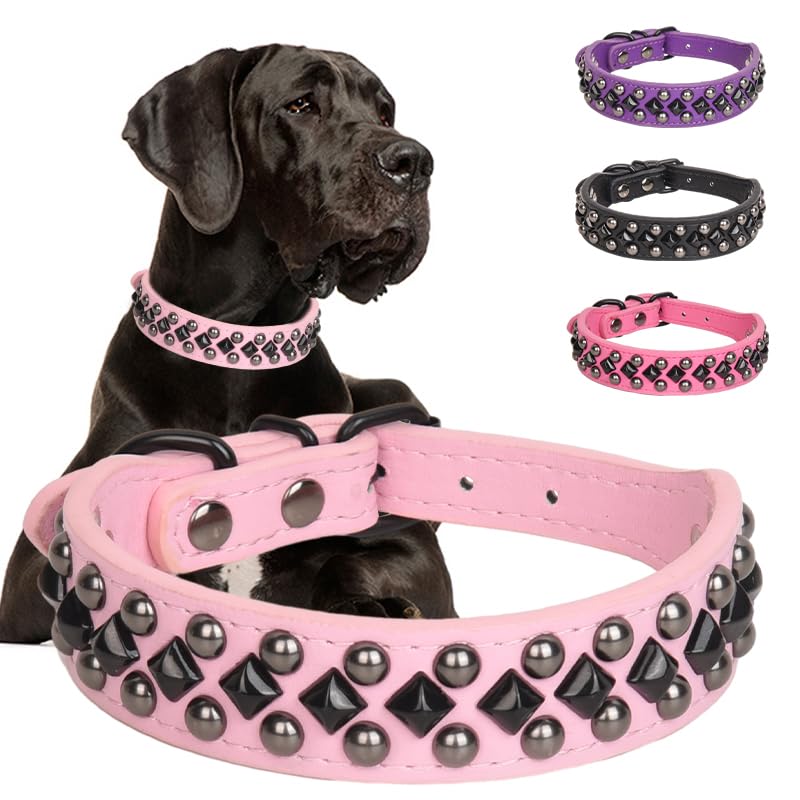 Spiked Studded Dog Collar Soft Pu Leather Spike Dog Collar Adjustable Pet Collars For Small Medium Large Dogs (Pink, Xl)
