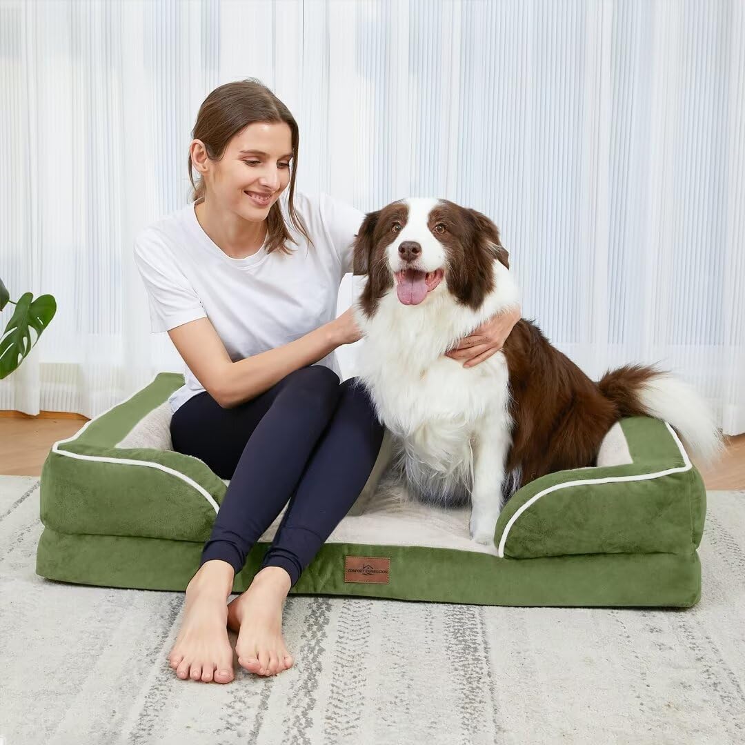 Comfort Expression Waterproof Dog Beds For Large Dogs, Orthopedic Large Breed Dog Beds, Comfy Pet Bed Sofa With Washable Removable Cover & Non-Slip Bottom(Large,Light Green)