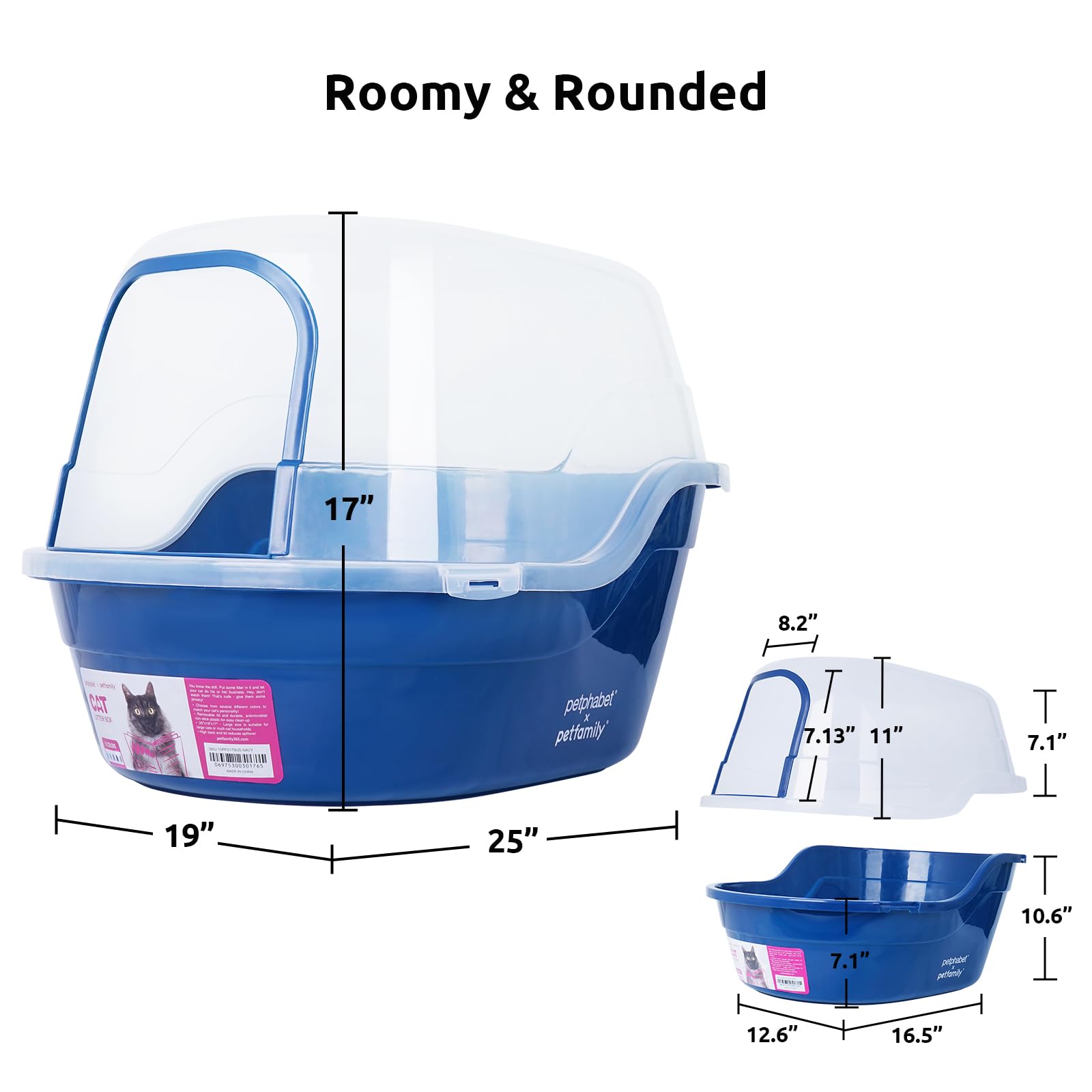 Petphabet Covered Litter Box, Jumbo Hooded Cat Litter Box Holds Up To Two Small Cats Simultaneously,Extra Large (Navy Blue)