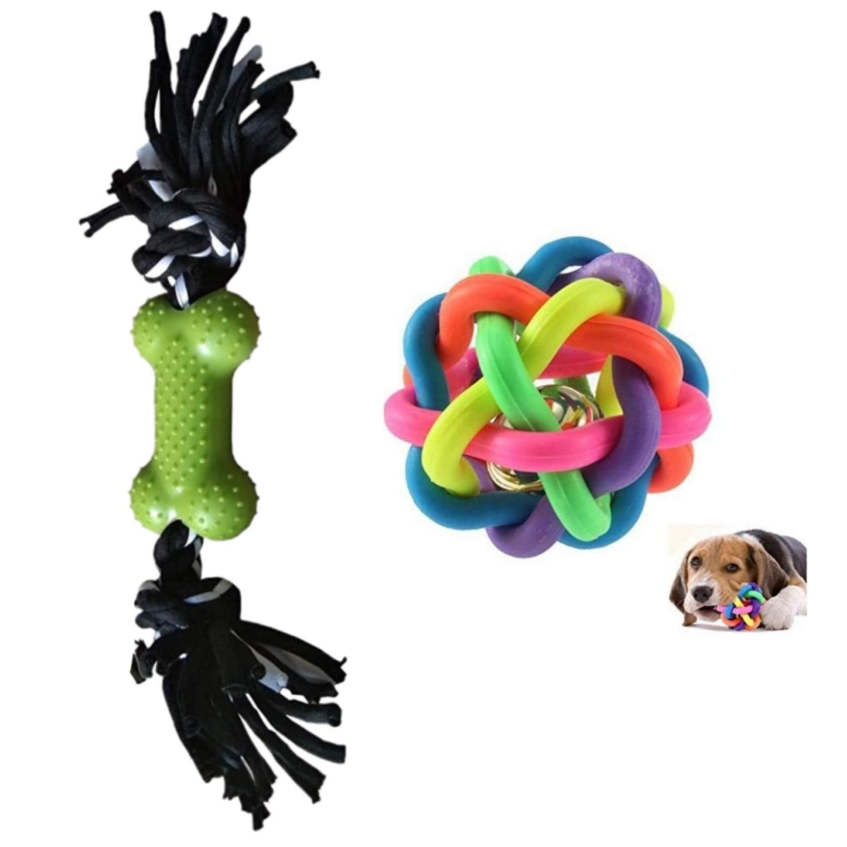 Petlicious & More Puppy Rope Toy Small Dogs Rope Toy Bone Rope Toy Puppy Ball Rainbow Ball Dog Ball (Color May Vary)  Pack Of 2