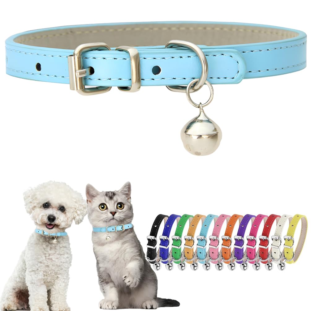 Sky Blue Puppy Collar With Bell Leather Xxs Dog Collar With Bell Adjustable Buckle Kitten Cat Collars For Xxsmall Xs Tiny Little