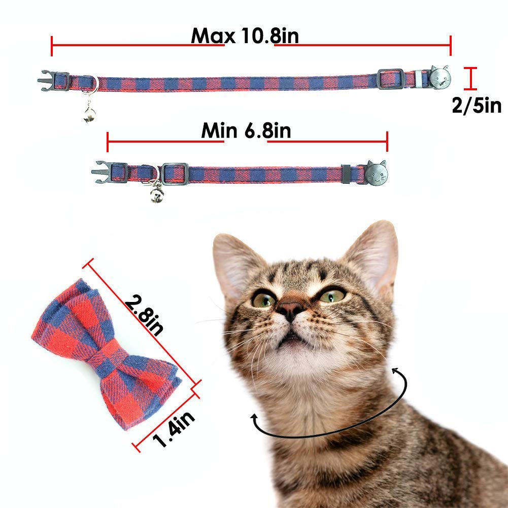 Cat Collar Breakaway With Bell And Bow Tie, Plaid Design Adjustable Safety Kitty Kitten Collars(6.8-10.8In) (Red Plaid 2)