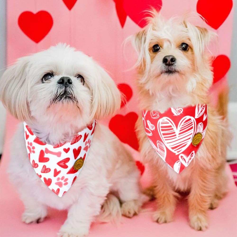 Crowned Beauty Valentines Day Dog Bandanas Reversible Small 2 Pack, Red Heart Set, Buffalo Plaid Adjustable Triangle Scarves For