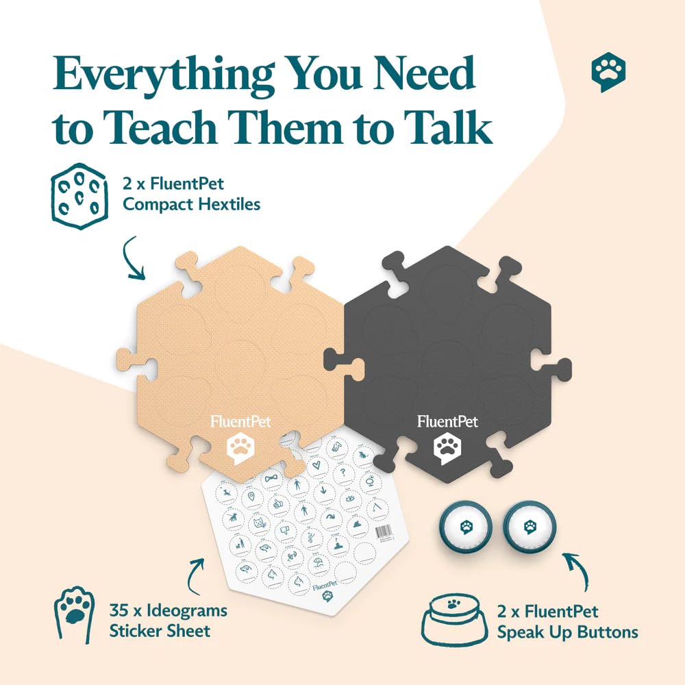 FluentPet Speak Up! Tester Kit - Set of 2 Dog Talking Buttons with Pre-Installed Batteries & 2 HexTiles -| Pet Buttons for Commu
