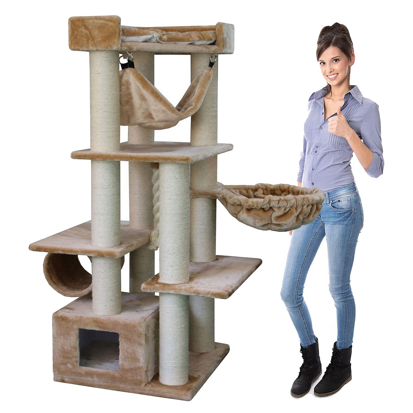 Heavy Duty Deluxe Cat Tree For Large Cats With Hammock, Condo And Big Basket