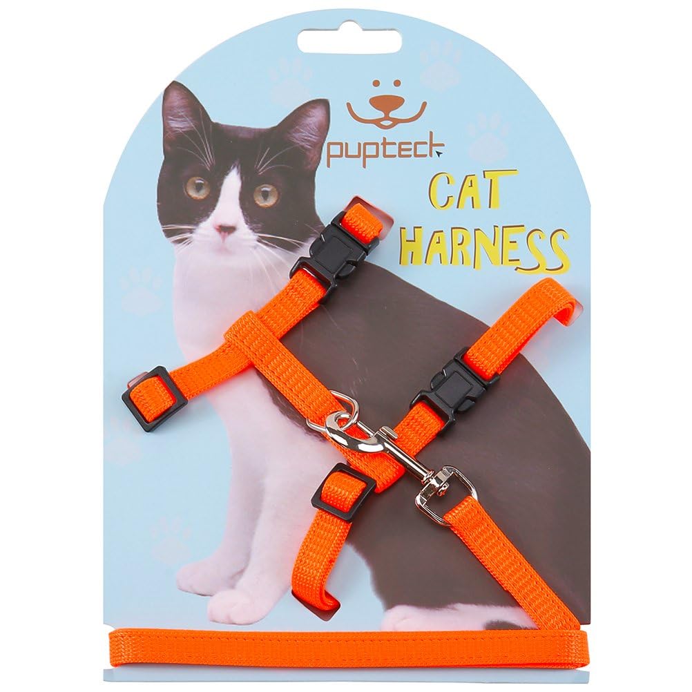 Pupteck Adjustable Cat Harness And Leash Set Escape Proof Kitten Strap Collar For Walking Travel, Orange, M