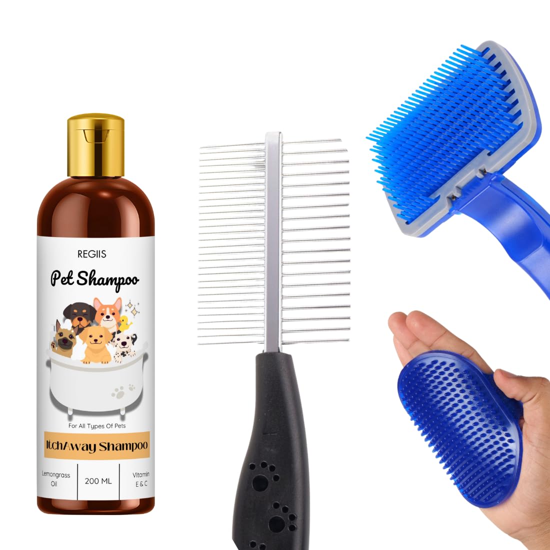 Pet Grooming Kit With AllPurpose Dog Shampoo, 200Ml Bottle, Blue Deshedding Brush, Grooming Comb For Dogs And Cats(Pack Of 4)