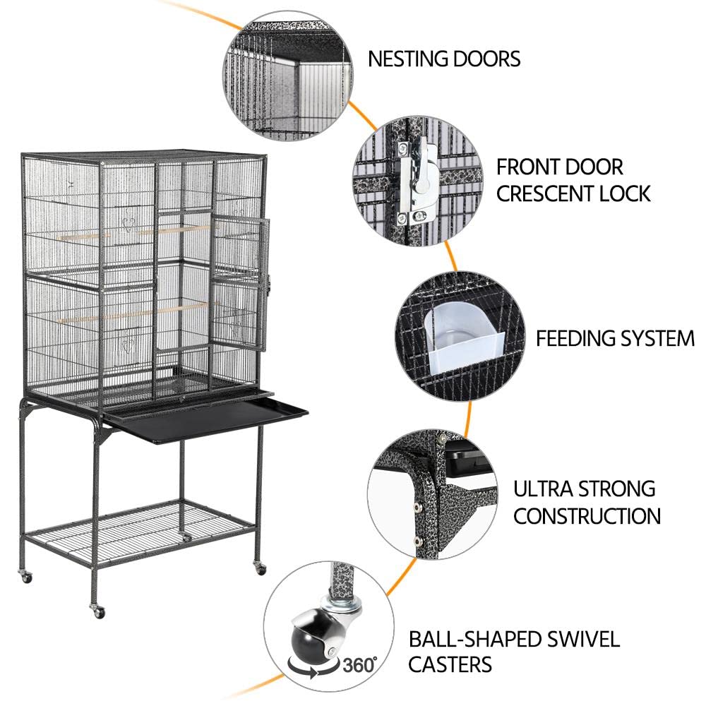 Yaheetech Wrought Iron Bird Cage for African Grey & Quaker Parrots, 63-Inch, Hammertone Black, Model 610715