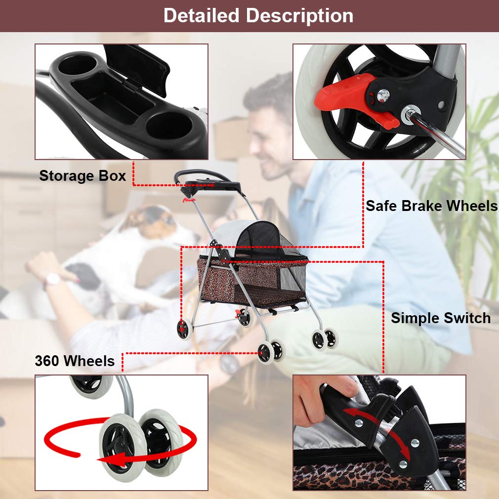 BestPet Pet Stroller 4 Wheels Posh Folding Waterproof Portable Travel Cat Dog Stroller with Cup Holder (Leopard Skin)
