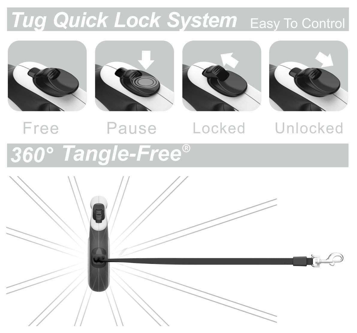 TUG Retractable Dog Leash, 16ft Nylon, Tangle-Free, One-Handed Brake, Large, White