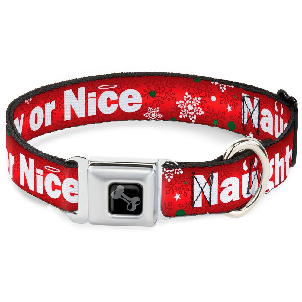 Buckle-Down 18-32' Christmas Naughty Or Nice/Snowflakes Reds/White/Green Dog Collar Bone, Wide Large