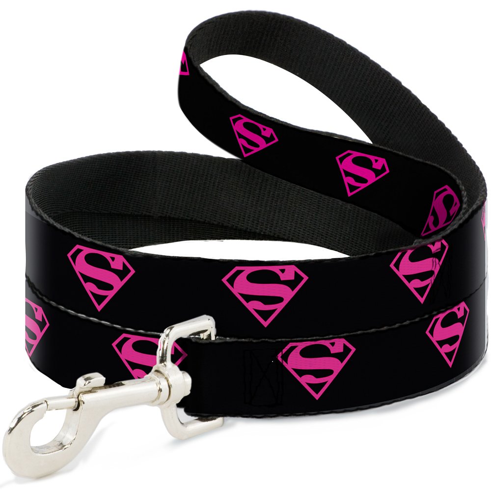 Dog Leash Superman Shield Black Hot Pink 4 Feet Long 1.0 Inch Wide